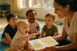 Parent reading picture books with Multilingual Infants in a calm home setting