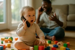 Parent and toddler sharing Overhearable Speech moments during a home play routine