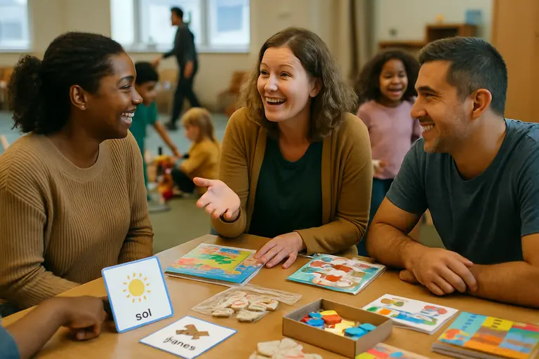 Parent and child reading a picture book together on a couch