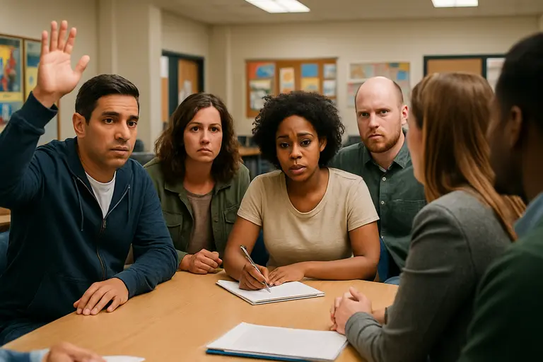 Parent and preschool teacher talking at a child-sized classroom table
