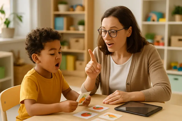Speech professional and parent discussing notes beside child toys